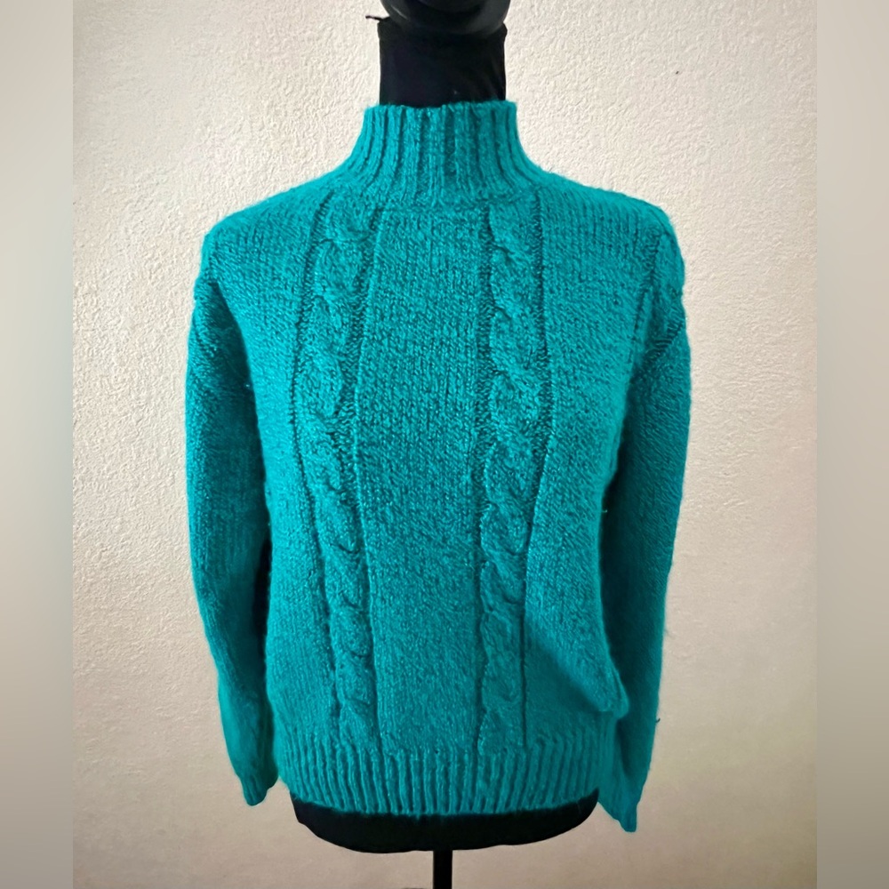 Vintage 80s TJW for Mervyn’s Women’s Turquoise Mock Neck Cable Knit Sweater SM - Picture 4 of 11